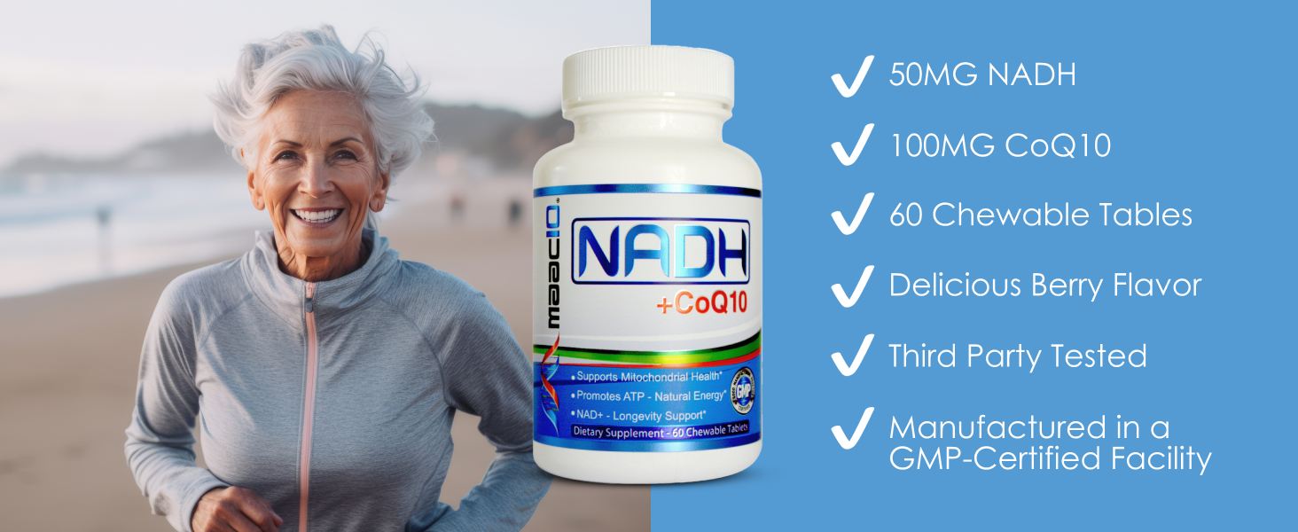 MAAC10 NADH + CoQ10 Supplement, Great Tasting Chewable Tablets, 60 Tablets