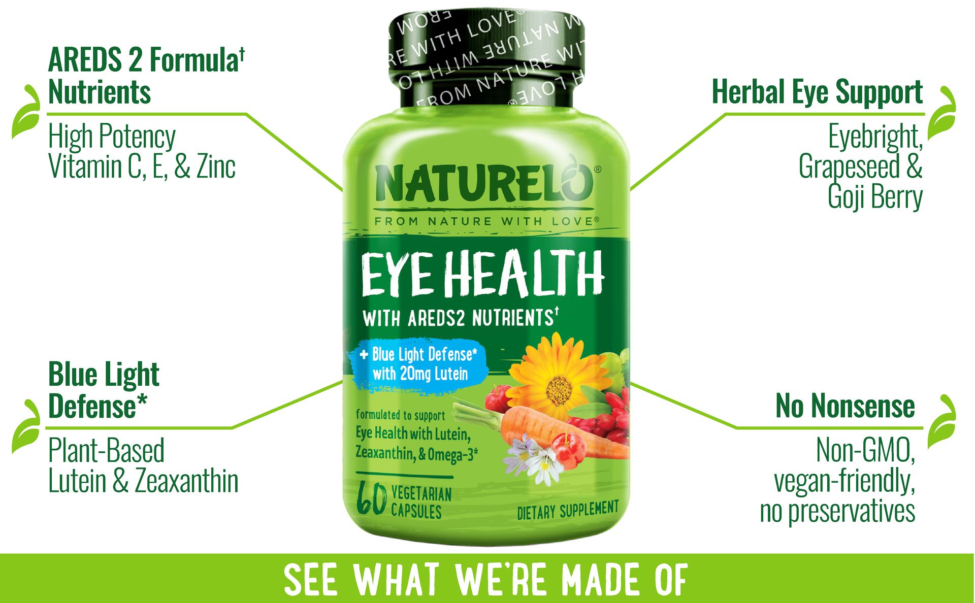 NATURELO Eye Vitamins, AREDS 2 Formula, 60 Vegan Capsules