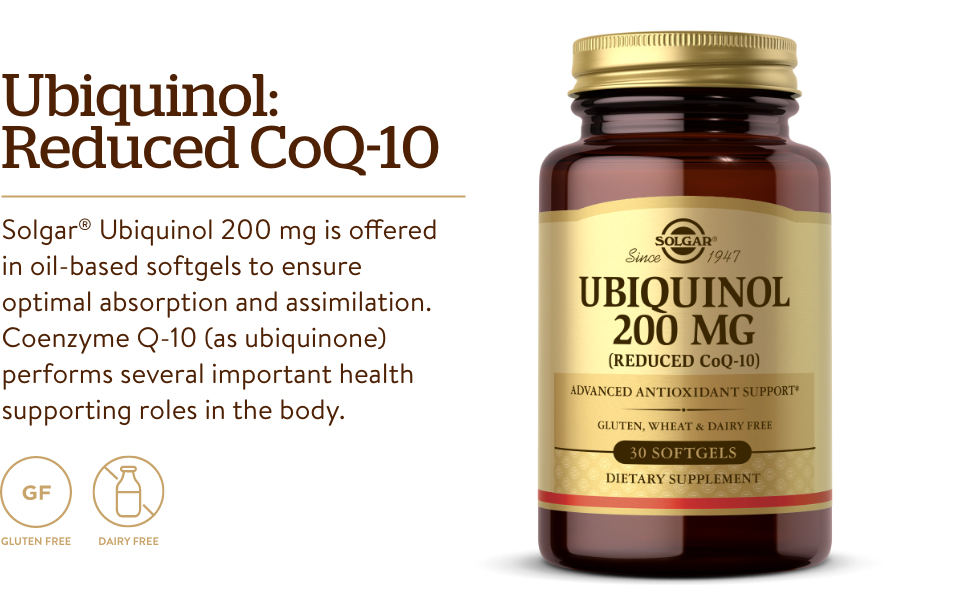 Solgar Ubiquinol 200 mg (Reduced CoQ-10), 30 Softgels - Promotes Heart & Brain Function - Supports Healthy Aging - Coenzyme Q10 - Ubiquinone Supplement - Gluten Free, Dairy Free - 30 Servings