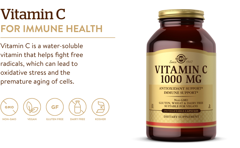 Solgar Vitamin C 1000 mg, 250 Vegetable Capsules, Non-GMO, Gluten Free