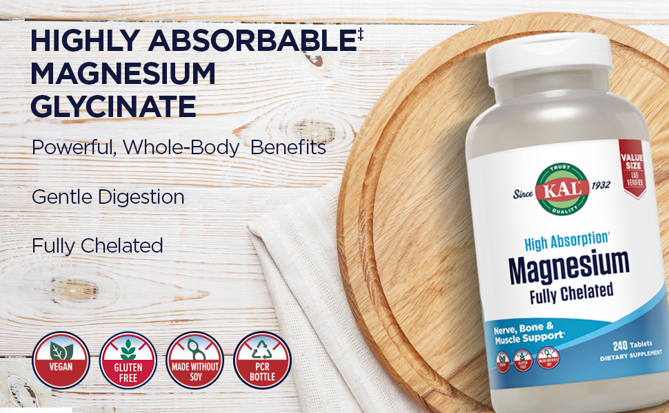 KAL Magnesium Glycinate Tablets, Fully Chelated, High Absorption Formula with Magnesium Bisglycinate Chelate for Nerve, Muscle & Bone Health Support, Vegan, Gluten Free, Value Size, 240 Tablets