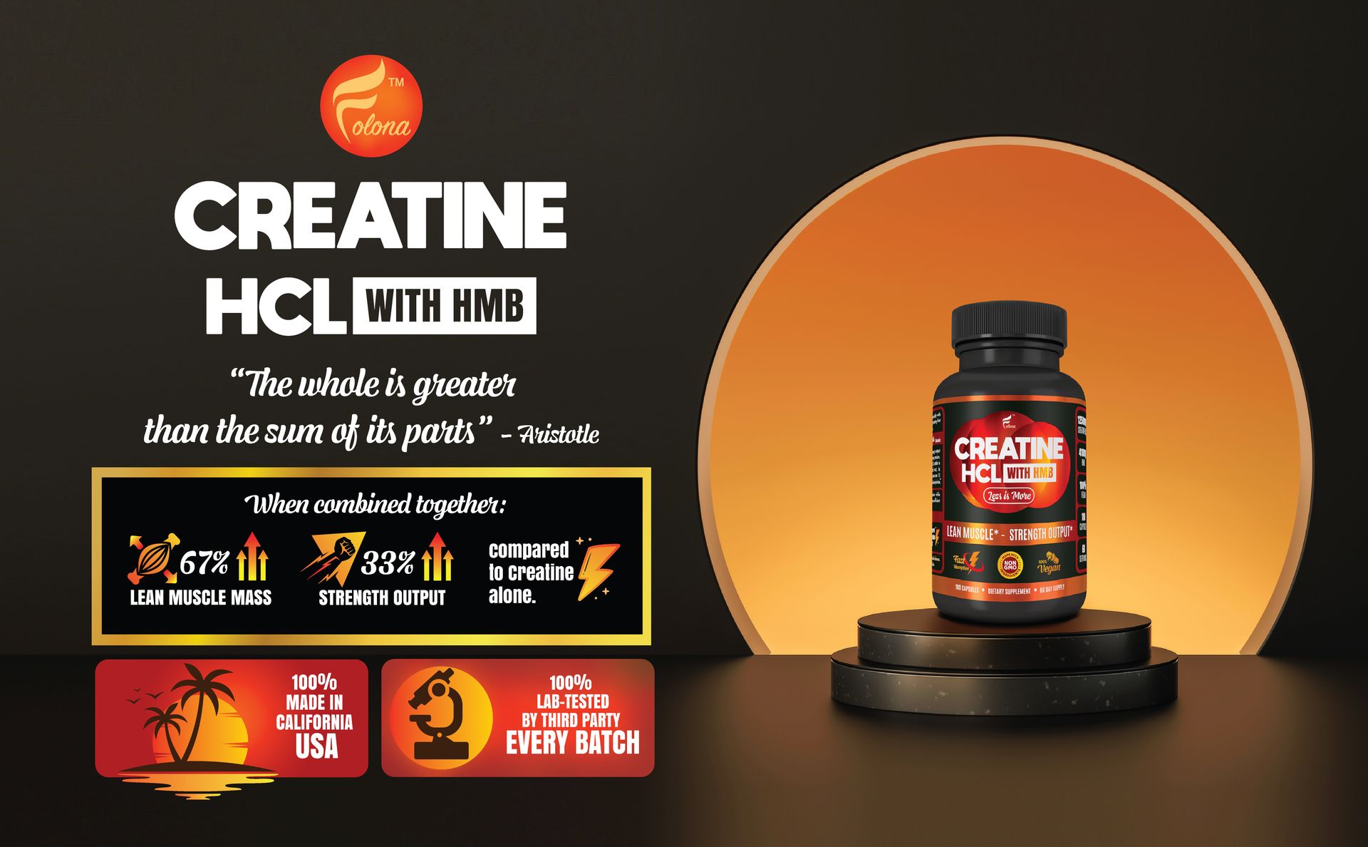 FOLONA Creatine HCL Capsules with HMB for Men & Women, 180 Vegan Capsules