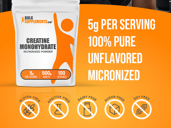 BulkSupplements.com Creatine Monohydrate Powder - Micronized Creatine Powder, Unflavored - Pure & Gluten Free, 5g (5000mg) per Servings, 250g (8.8 oz) (Pack of 1)