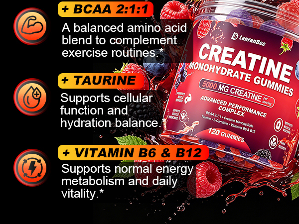 Creatine Monohydrate Gummies for Men & Women with L-Carnitine & Taurine