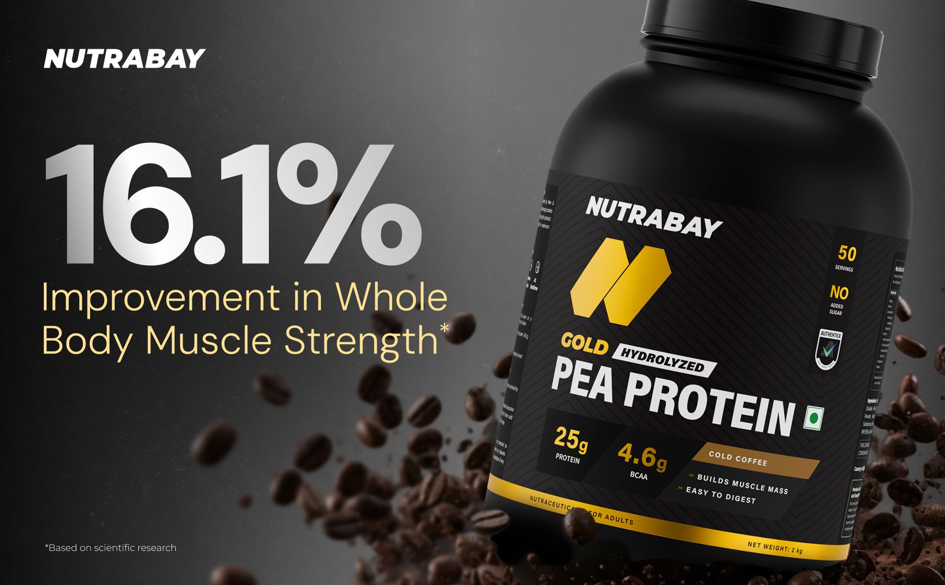 NUTRABAY Gold Pea Protein Powder - 2kg, Cold Coffee | 25g Protein, 4.6g BCAA, 5g Fiber | Complete Amino Profile | Tastiest & Smoothest Vegan, Plant Protein | Muscle Gain & Fast Recovery