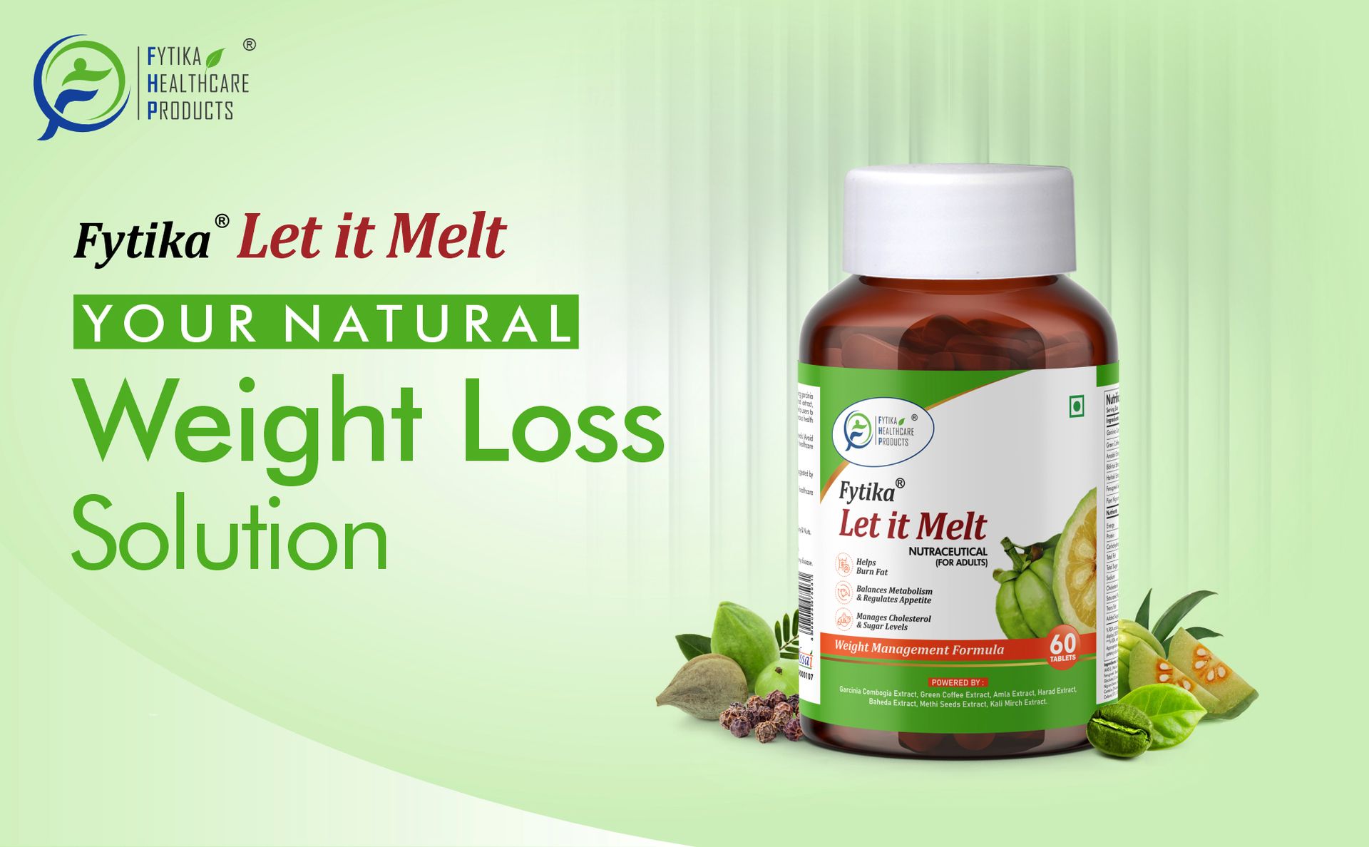 Fytika Let it Melt Weight Management - 60 Tabs | Garcinia Combogia, Green Coffee, Triphala, Kali Jeeri| Healthy Weight Support| for Men & Women Net