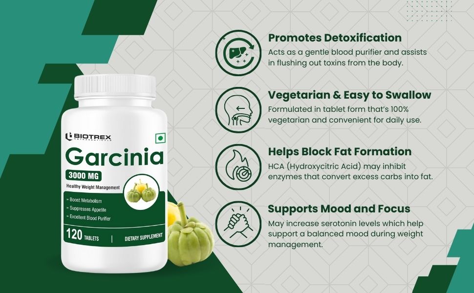 Biotrex Nutraceuticals Garcinia Cambogia 3000mg 60% HCA With 6mg Piperine | Supports Metabolism & Energy Levels | Healthy Weight Management | Complete Natural Formula | 120 Vegan Tablets