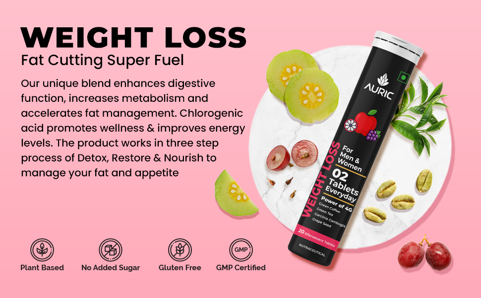 Auric Get Slim Effervescent | 80 Tablets Power of Green Coffee, Green Tea, Grape Seed & Garcinia Cambogia | For Men & Women
