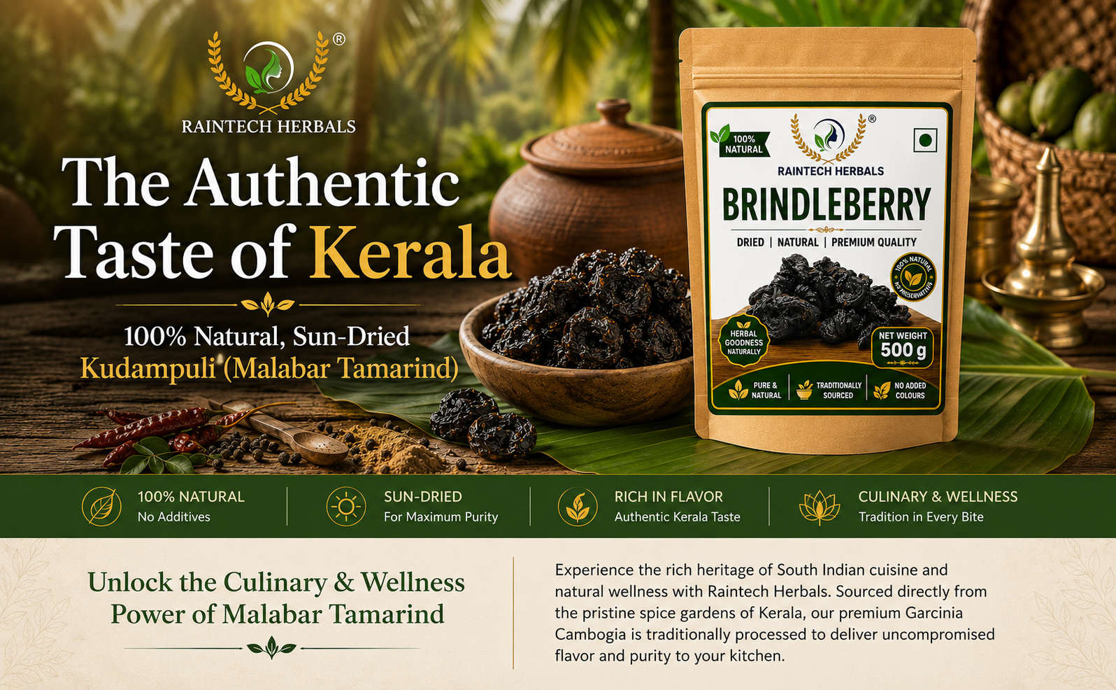 100% Natural Kudampuli/Malabar Tamarind(Garcinia Cambogia) - 500g | Sun-Dried & Smoke-Cured | Pure Brindleberry for Authentic Kerala Fish Curry & Weight Management Support