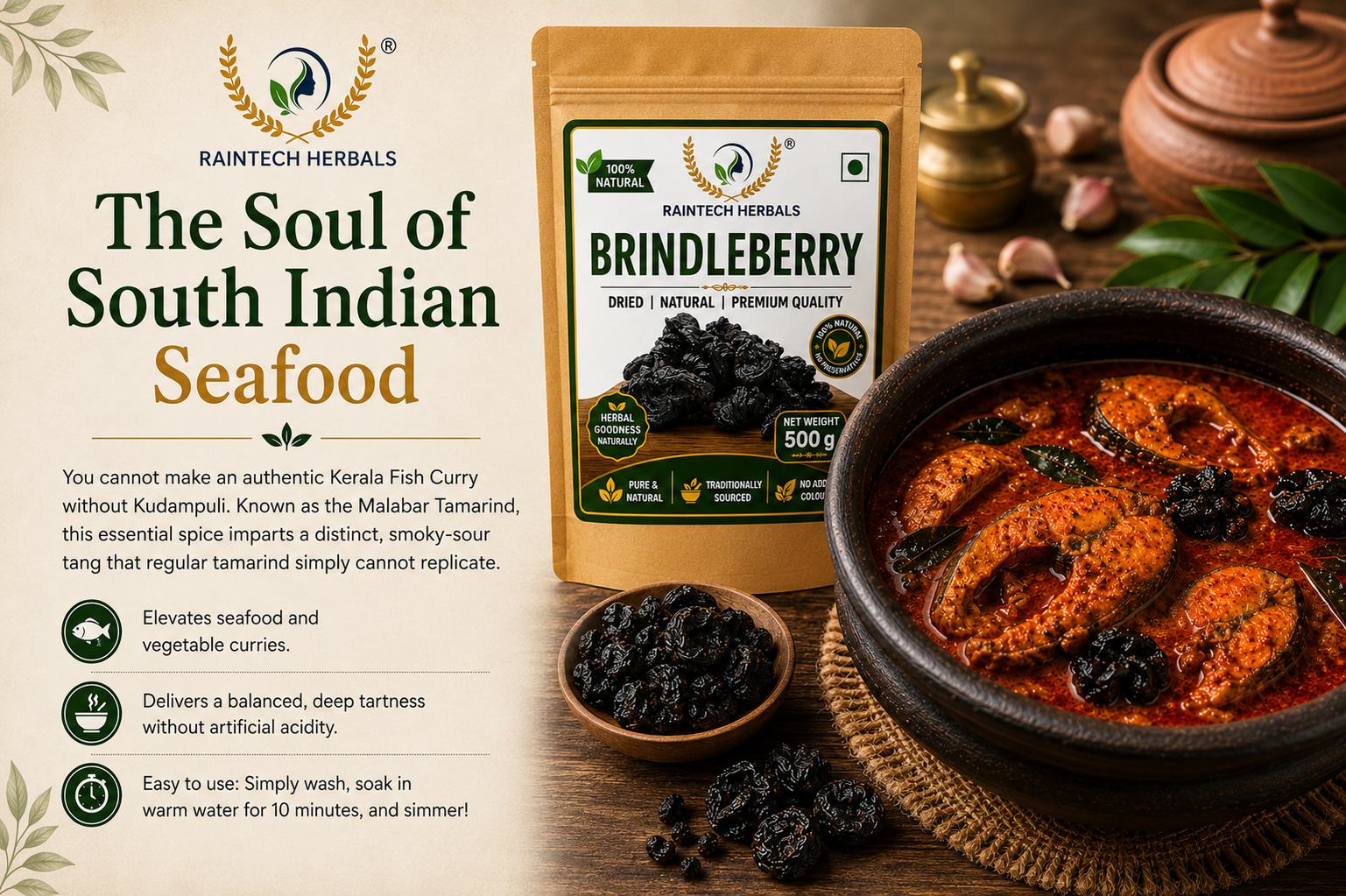100% Natural Kudampuli/Malabar Tamarind(Garcinia Cambogia) - 500g | Sun-Dried & Smoke-Cured | Pure Brindleberry for Authentic Kerala Fish Curry & Weight Management Support
