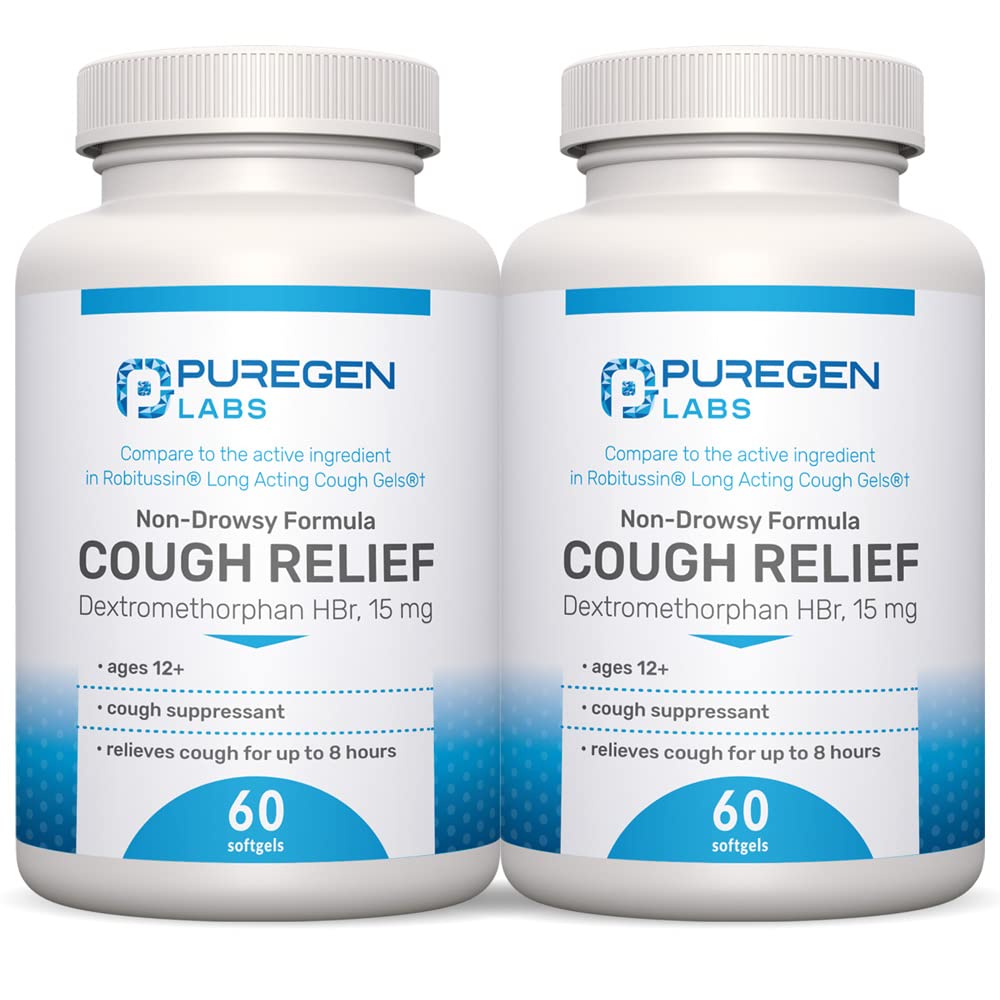 P Puregen Labs Cough Relief for Adults Dextromethorphan HBr 15mg (120 Softgels) 8-Hour, Non-Drowsy, Long-Lasting Bronchial Suppressant |Ages 12+ | Compare to Robafen and Robitussin 2Pack