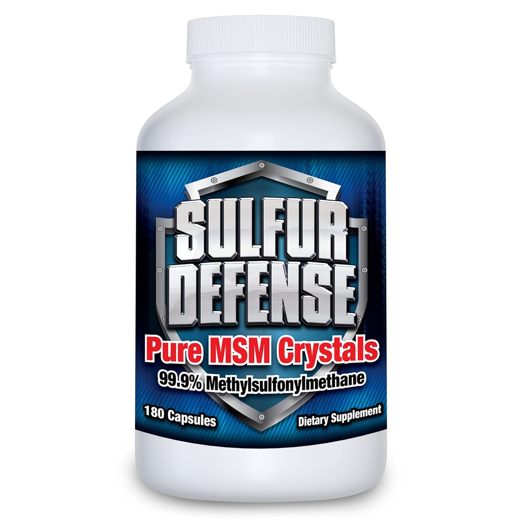 Sulfur Defense Opti-MSM 99.9% Pure MSM Powder Capsules, Made in USA, Organic Methylsulfonylmethane, non-GMO, Gluten-Free, Immune System Booster, Soothes Joint Pain, Younger Skin, Hair, Nails, 180 caps