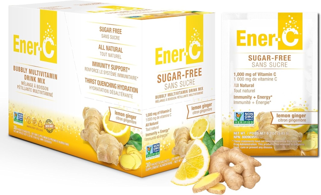 Ener-C Sugar Free Lemon Ginger Multivitamin Drink Mix, 1000mg Vitamin C, Non-GMO, Vegan, Real Fruit Juice Powders, Natural Immunity Support, Electrolytes, Gluten Free, 1-Pack of 30