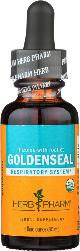 Herb Pharm Certified Organic Goldenseal Liquid Extract Drops for Respiratory System Support, Organic Cane Alcohol, 1 Oz