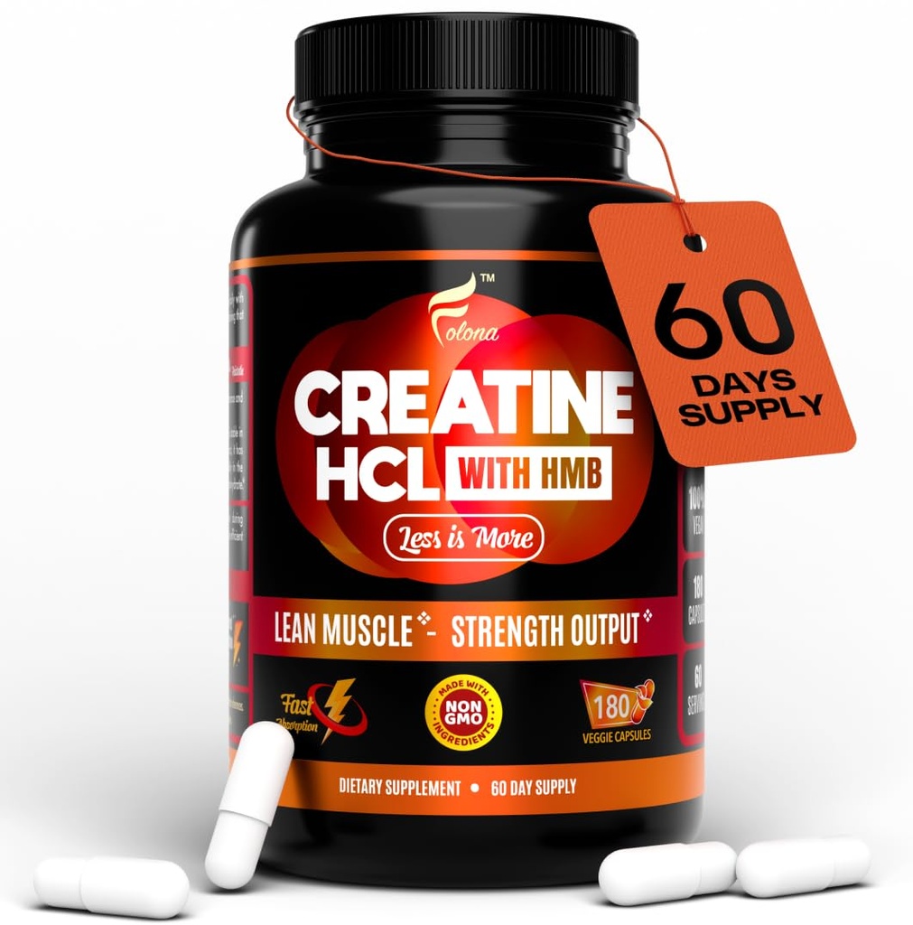 FOLONA Creatine HCL Capsules with HMB for Men & Women, 180 Vegan Capsules