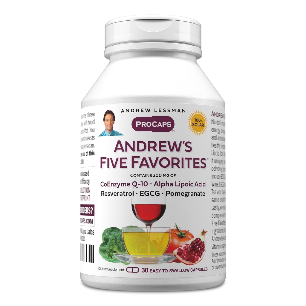 ANDREW LESSMAN Andrew's Five Favorites 30 Capsules - Provides 200mg Each of Coenzyme Q-10, Resveratrol, EGCG, Pomegranate and Alpha Lipoic Acid, Powerful Anti-Oxidant Support, No Additives