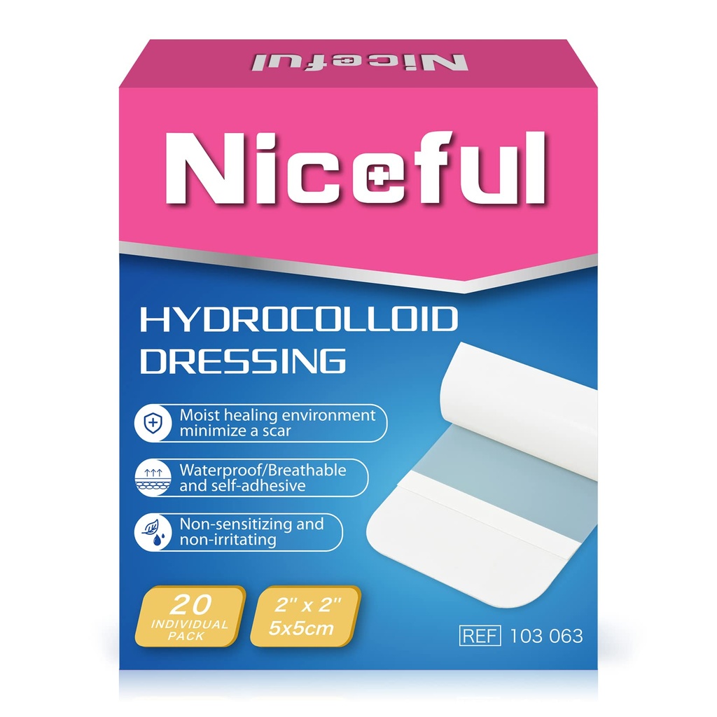 Niceful Hydrocolloid Bandages 2"x2", 20 Count | Waterproof, Advanced Healing, Extra Thin, Hydrocolloid Dressing Patches, for Blisters, Mild burns, Bed Sores