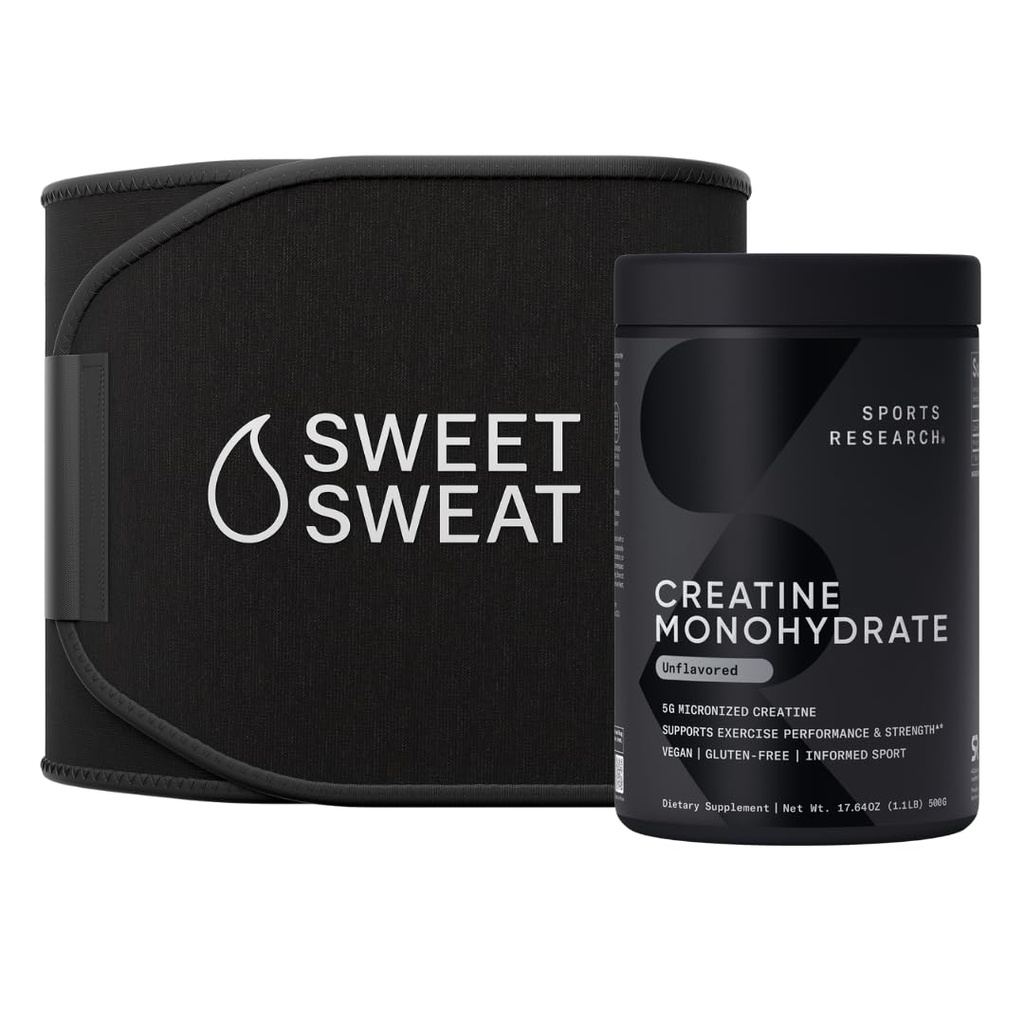 Sports Research® Training Performance Pack - Creatine Monohydrate and Sweet Sweat Waist Trimmer Extra-Coverage (Medium)