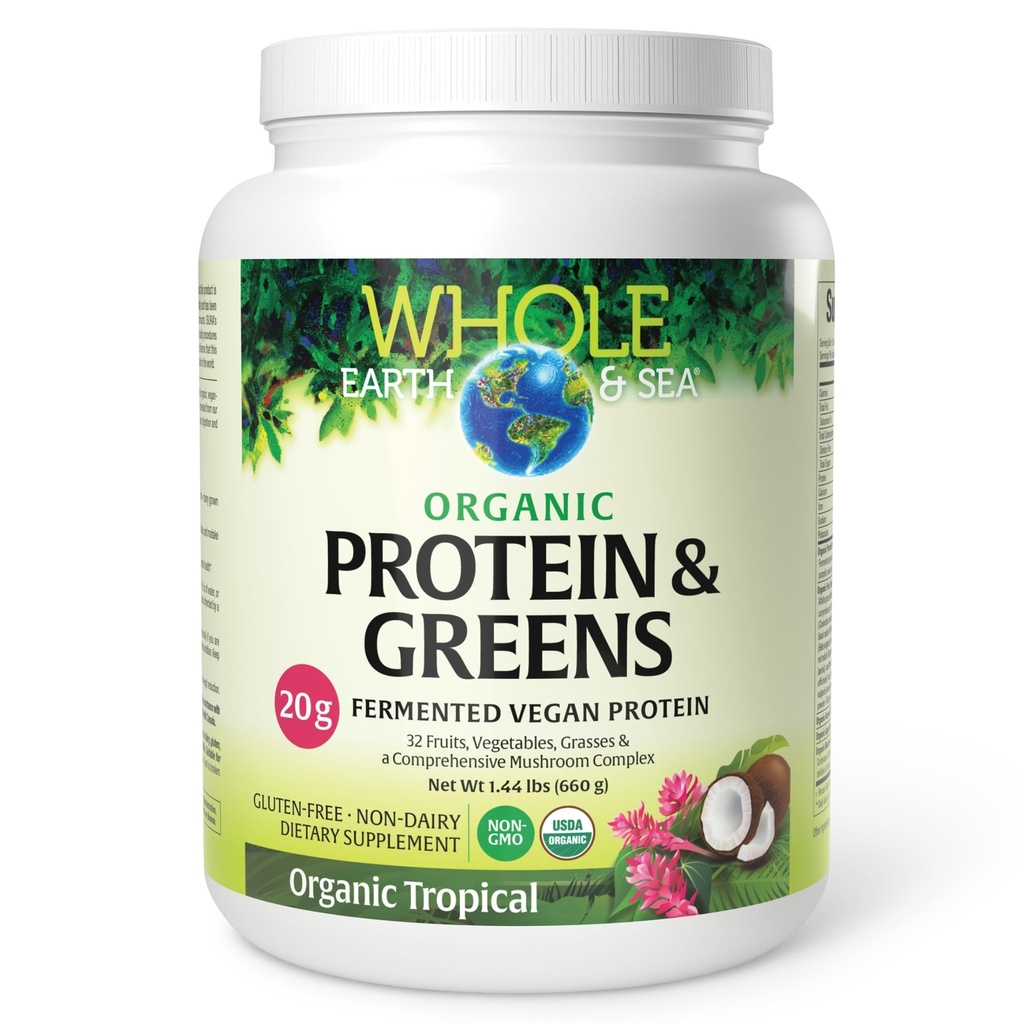 Natural Factors Whole Earth & Sea Organic Protein & Greens - Plant-Based Protein for Healthy Energy Support - Antioxidant Support Powder Supplement - Tropical, 1.44lbs (20 Servings)