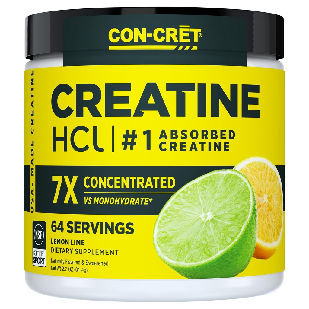 CON-CRET Creatine HCl Powder | Muscle, Cognitive, Cellular Energy Support | No Bloating or Cramps | USA Made & NSF Certified | Lemon Lime (64 Serving)