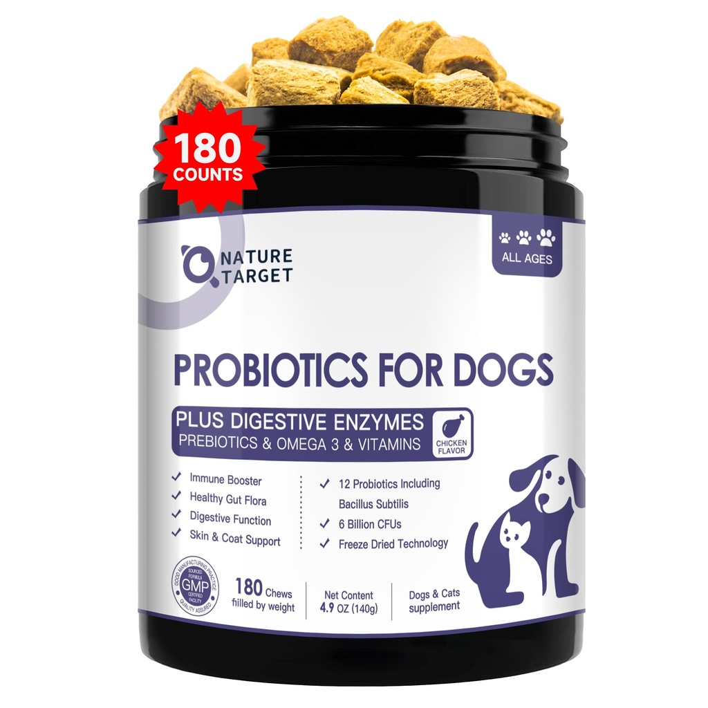 NATURE TARGET Probiotics for Dogs, 6 Billion CFUs, Freeze Dried Dog Probiotics with Prebiotics & Enzymes for Diarrhea, Gas, Vitamins & Omega 3 for Skin & Immune Health, Allergy Itch Relief, 180 Count