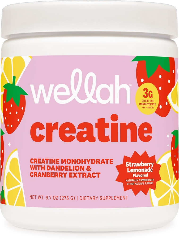 Wellah Creatine for Women - Creatine Monohydrate with Dandelion & Cranberry Extract (50 Servings, Strawberry Lemonade)
