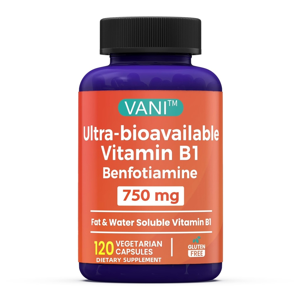 VANI 750MG Benfotiamine with B1, 5X Time Fat & Water Soluble Thiamine B1 Supplement – Third Party Tested, No Gluten (120 Capsules)