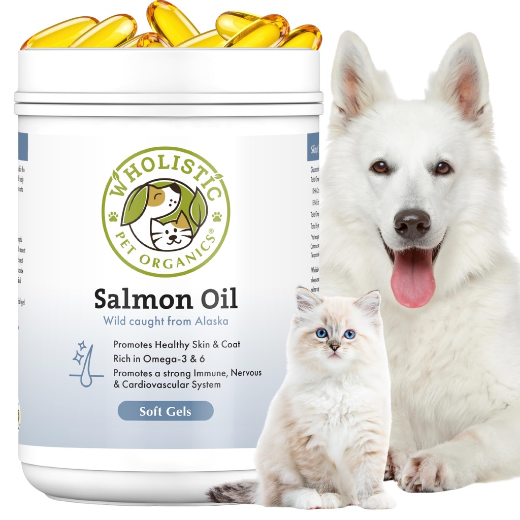 Wholistic Pet Organics Wild Alaskan Salmon Oil for Dogs and Cats - Omega 3 Fish Oil for Dogs & Cats - Cat & Dog Skin and Coat Supplement, Heart and Joint Health - DHA, EPA Omega 3 6 9-100 Soft Gels
