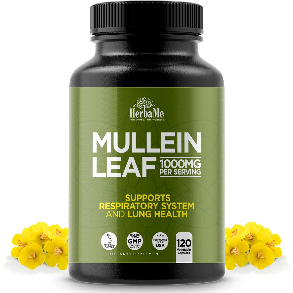 HerbaMe Mullein Leaf 1000mg, 120 Capsules - Daily Respiratory Support Supplement, Supports Breathing Comfort & Mucus Balance, Herbal Lung Support for Smokers, Men & Women