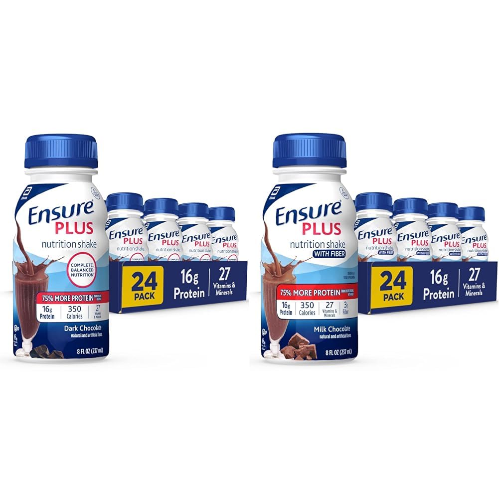 Ensure Plus Nutrition Shake, 24 Count, With 16 Grams of Protein, Meal Replacement Shakes, 8 Fl Oz & Ensure Plus Nutrition Shake With Fiber, 16 Grams of Protein, Meal Replacement Liquid