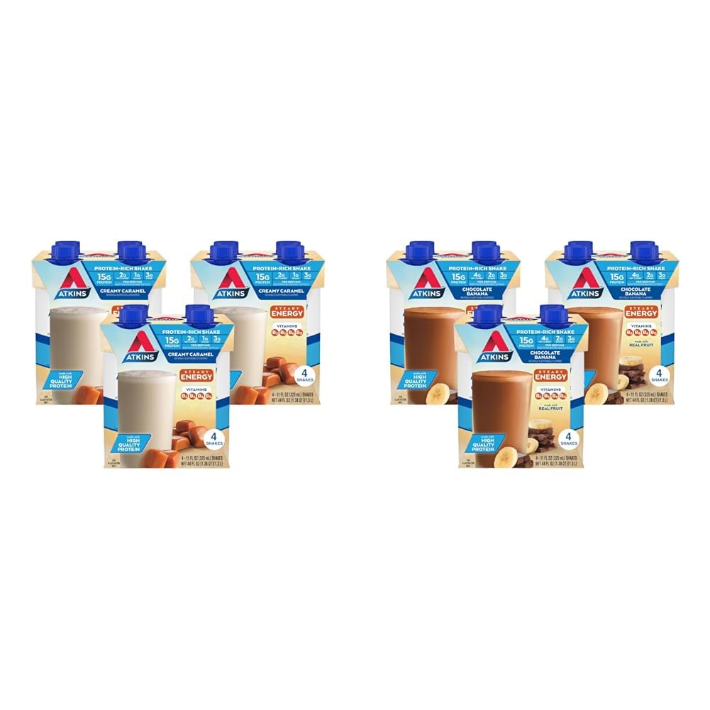 Atkins Energy Shake Creamy Caramel with Protein, Gluten Free, Keto-Friendly, 4 Count(Pack of 3) and Chocolate Banana Protein Shake, 15g Protein, Low Glycemic, Keto Friendly, 12 Count