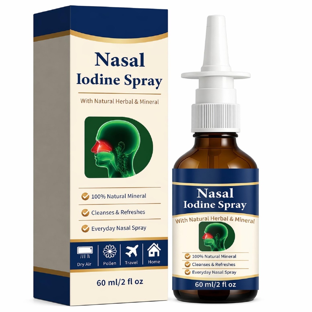 Iodine Nasal Spray - Natural Nasal Iodine Spray with Fulvic Acid,0.1% Povidone Iodine Gentle Cleanses Nasal Passages for Daily Care,60ml/2 FLoz - 150+ Uses (1pcs)