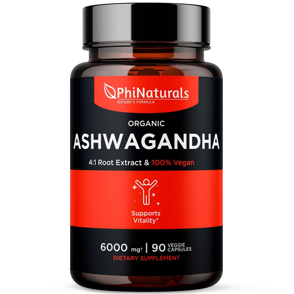 PhiNaturals Organic Ashwagandha Root Extract in Vegan Capsules Ashwaganda Supplement for Men and Women with 1500 Mg Per Serving 30 Servings - 500mg Per Vegan Capsule 90 Count