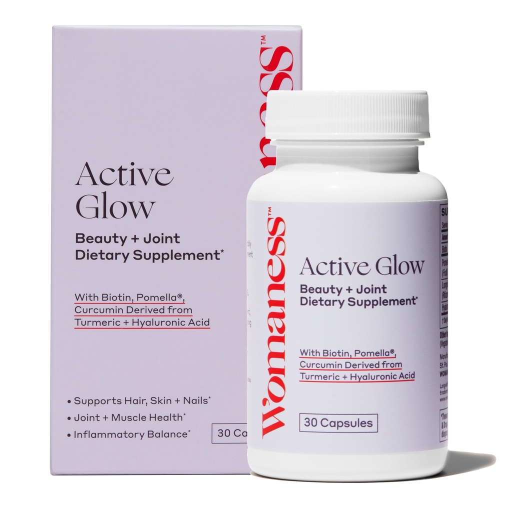 Womaness Active Glow Hair Skin and Nails Vitamins for Women - Hair Growth Vitamins with Hyaluronic Acid - Biotin and Curcumin - Nail Care, Joint Support and Glow Supplements for Dry Skin - 30 Capsules