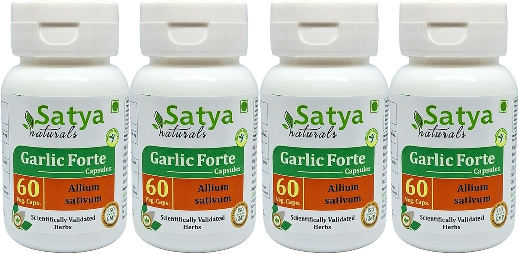 Garlic Forte Capsules 500 mg. 60 Veg. Capsule | Lahsan (Allium Sativum) Extract Capsules for Men and Women | Ayurvedic Herbal Supplement/Remedies | 10:1 Forte (4 Bottles of 60 Capsules)