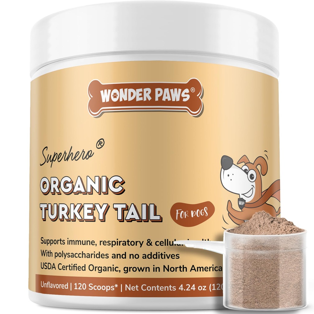 Wonder Paws Organic Turkey Tail Mushroom for Dogs – Powerful Turkey Tail for Dogs Mushroom Powder for Immunity, Respiratory, Digestion & Cellular Health–with Beta Glucans & Polysaccharides (120 g)