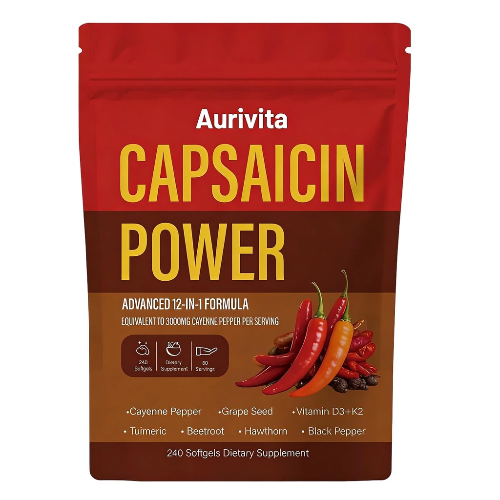 Capsaicin Softgels, Capsaicin Supplements, Capsaicins Powder, Cayenne Pepper Softgels Capsules, with Vitamin D3 + K2, Beetroot, Grape Seed and Other Extracts, 240 Capsules (1 PCS)