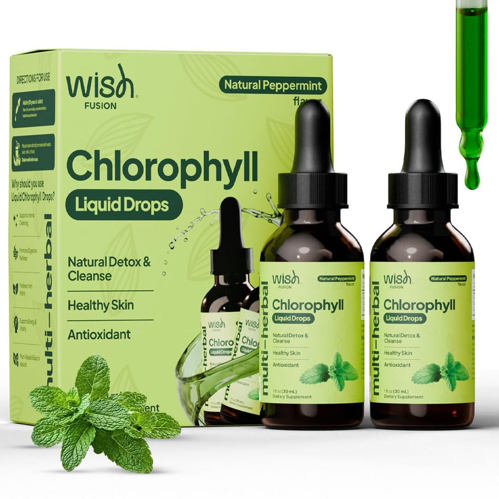 Chlorophyll Liquid Drops 2 Pack 60ml Organic Liquid Chlorophyll for Detox, Gut Health, Energy, Healthy Skin, & Immune Support, Vegan Liquid Chlorophyll Drops, Natural Peppermint Flavor