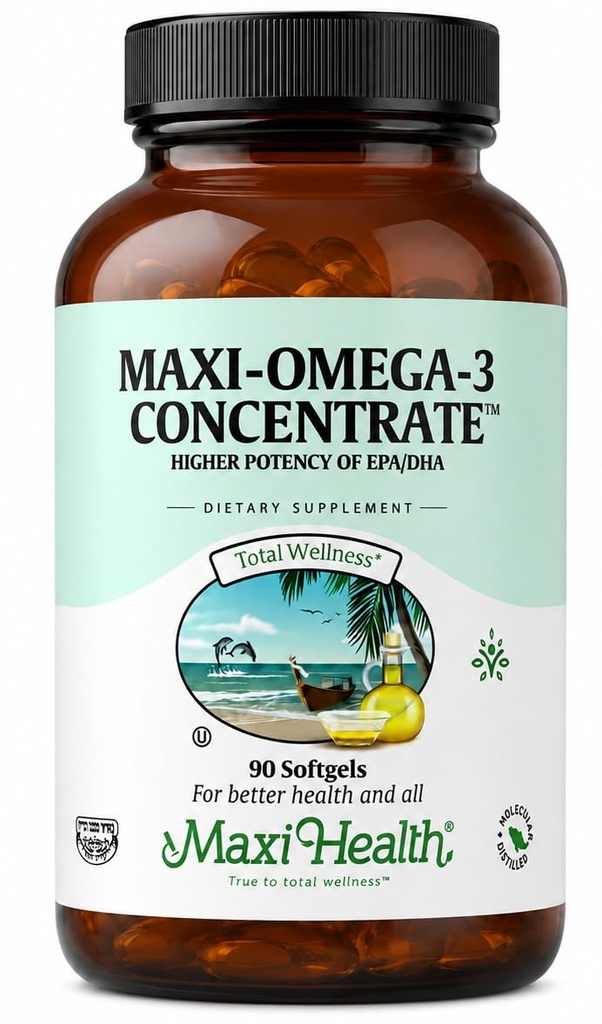 Maxi Health Omega 3 Supplement - Omega-3 Fish Oil Concentrate - Higher Potency Source of EPA/DHA Fatty Acids - Heart, Brain & Joint Health - Kosher Certified Wild Caught Fish - 90 Vegetarian Softgels | Triple Strength 2000 mg, EPA & DHA Omega 3 Fatty Acids, , Heart, Brain & Joint Health, Kosher Certified Wild Caught Fish,
