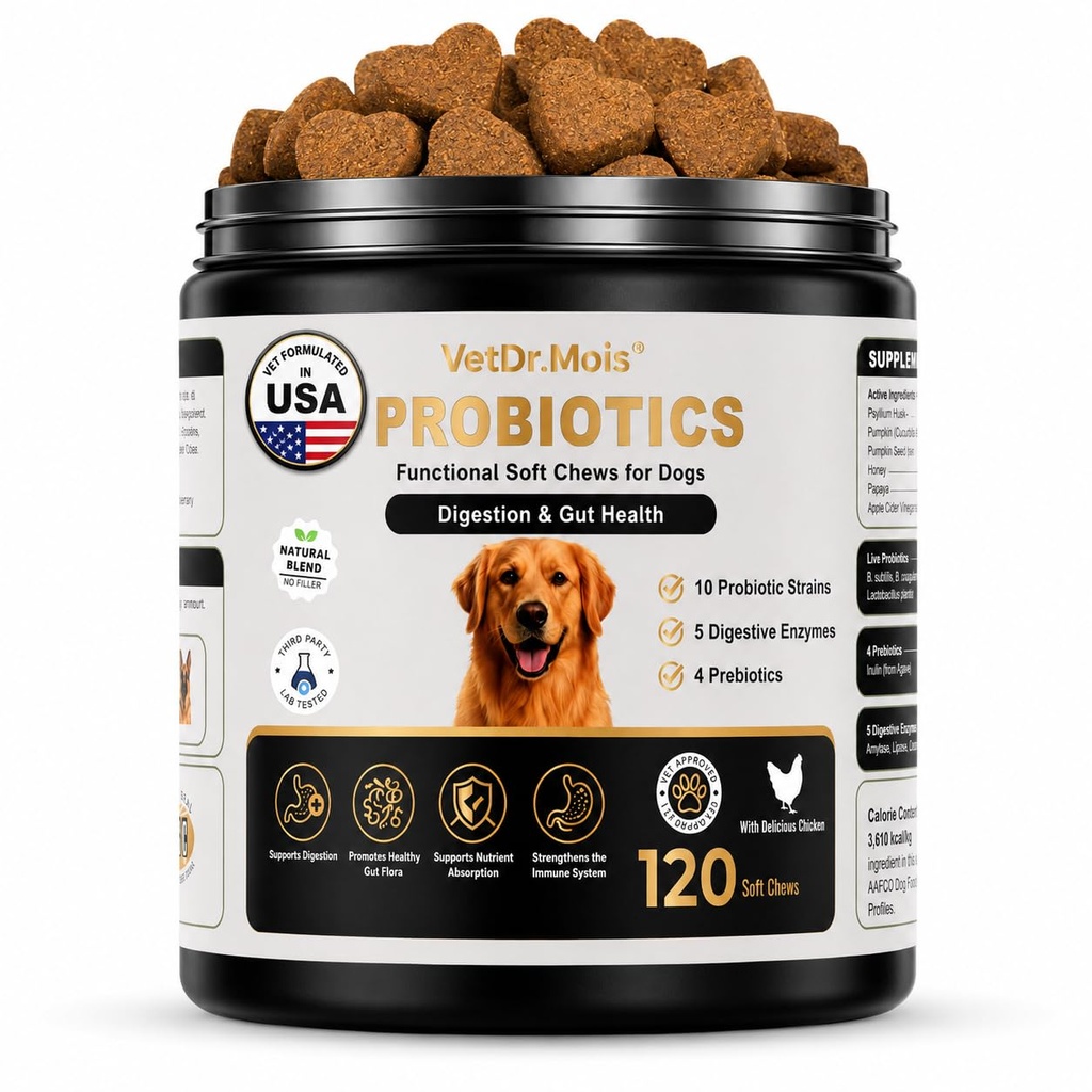 VetDr.Mois® Probiotics for Dogs, 120 Soft Dog Probiotic Chews for Dogs Gut Health Digestive & Immune Support, Dog Probiotics for Yeast Itchy Skin with Digestive Enzymes, Constipation & Diarrhea Relief