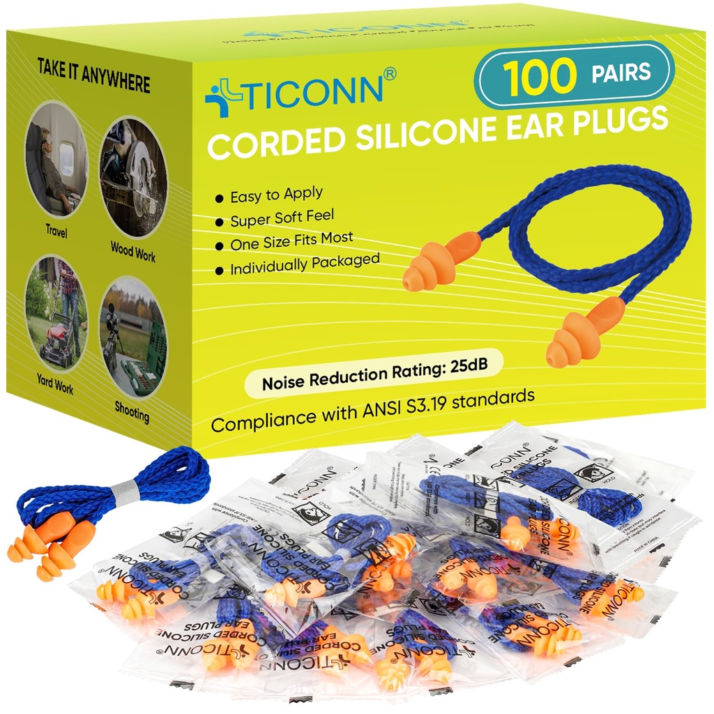 TICONN 100 Pairs Corded Silicone Ear Plugs for Noise Reduction, 25 dB NRR | Reusable & Washable Earplugs, Soft Hypoallergenic Silicone, Stay-In-Place Fit, Individually Wrapped, Study & Sleep Use