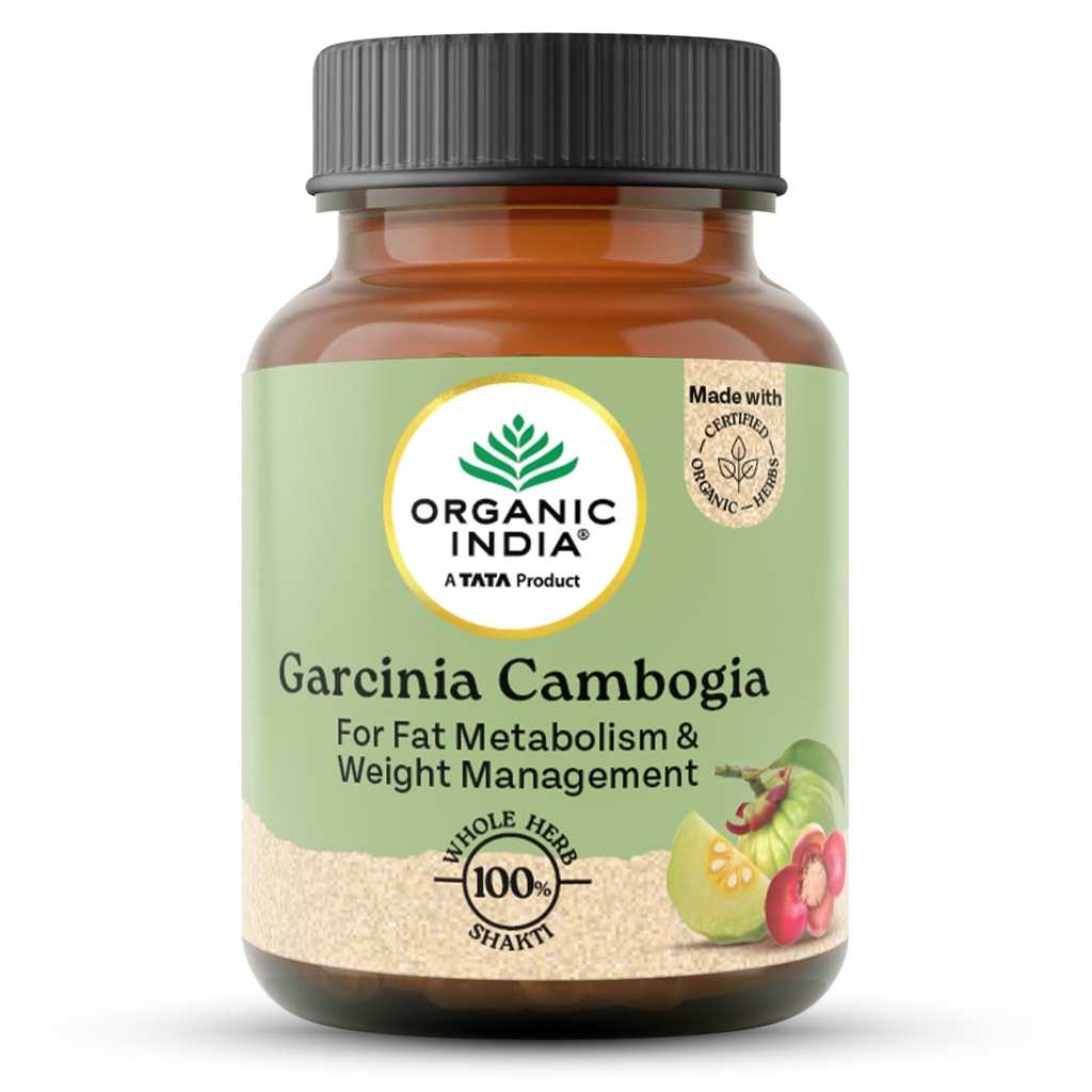 A TATA Product - Organic India Garcinia Cambogia - 60 Veg Capsules, Improves Fat Metabolism, Lean Muscle Development, Boosts Energy, Enhances Immunity, & Helps Weight Management, GMP & NPOP Certified