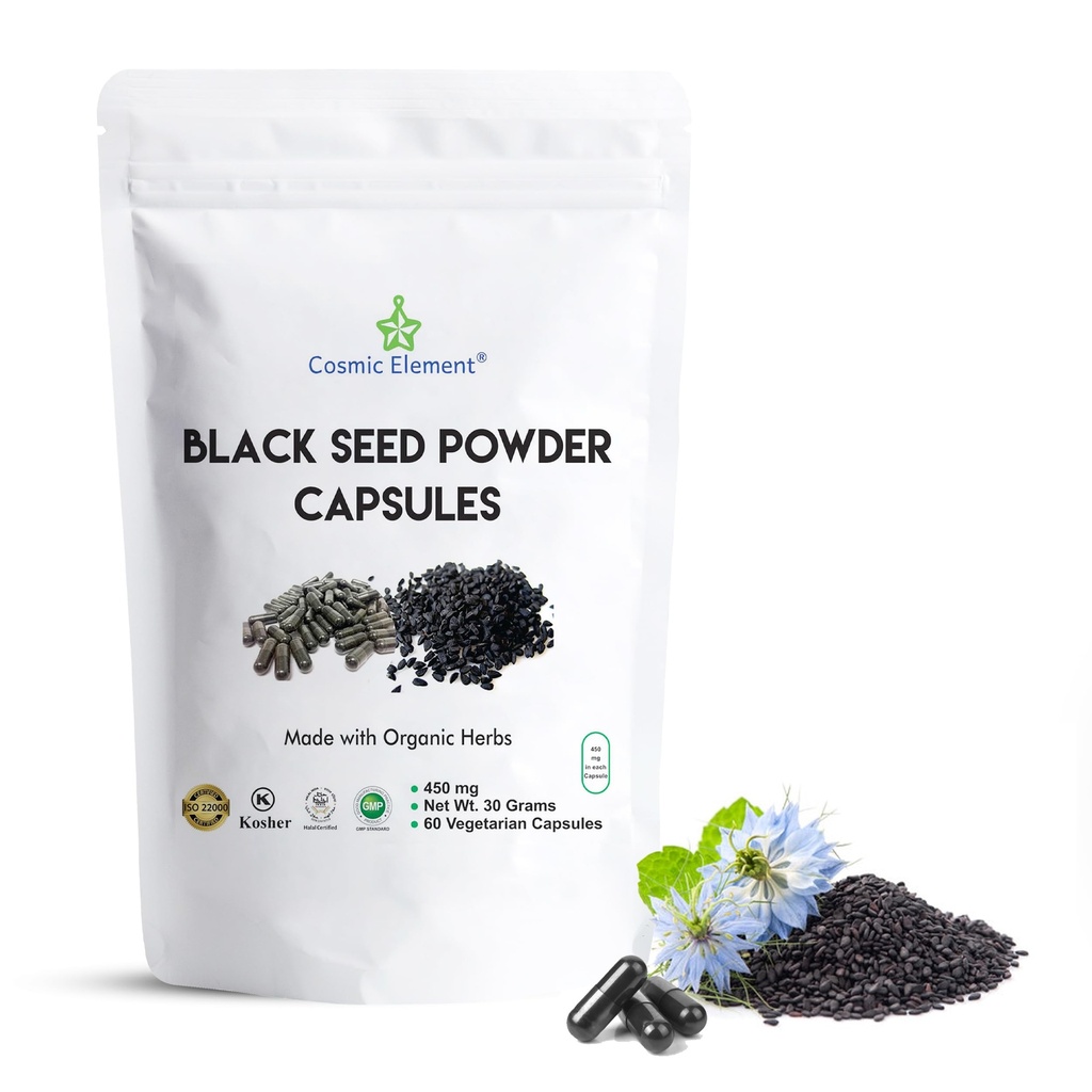 Cosmic Element 100% Pure Black Seed Powder Capsules Organic - Vegan Nigella Sativa 450mg Black Cumin Seeds per Serving- for Health - 60 Capsules