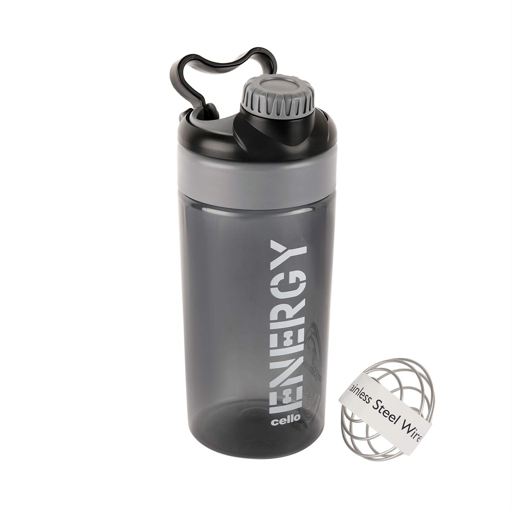 CELLO Energy Plastic Protein Shake Bottle | Flip top open| Leak Proof & Easy to clean | Gym Protein Shaker Bottle | 700ml, Grey