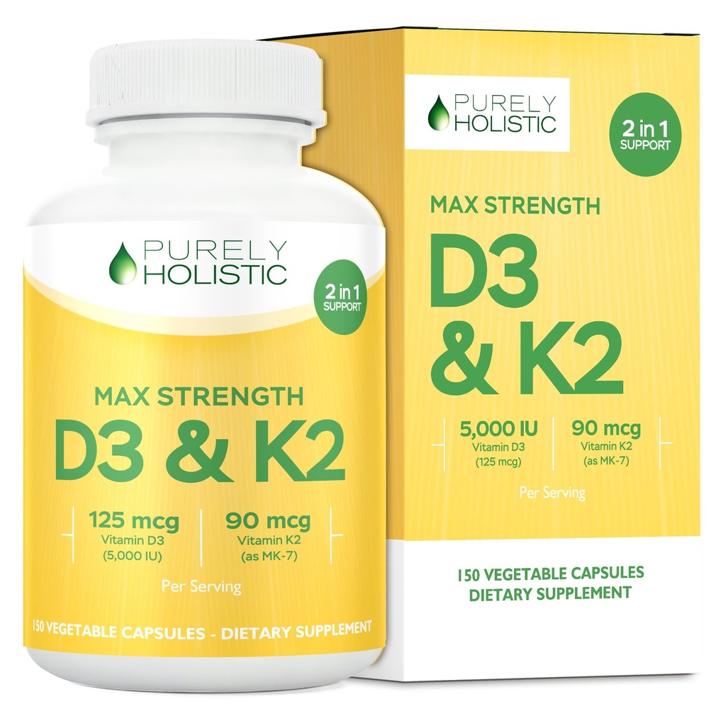 Vitamin D3 K2 | 5000iu D3 + 90mcg K2 | 150 Servings | Bone, Immune, Energy & Heart Health Support | High Absorption & Non-GMO | Once-Daily Vitamin Supplement | 150 D3K2 Capsules (5 Month Supply)
