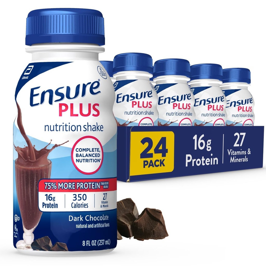 Ensure Plus Dark Chocolate Nutrition Shake | Meal Replacement Shake | Ready to Drink | 16g Protein and 27 Vitamins and Minerals | 8 fl oz - 24 Pack