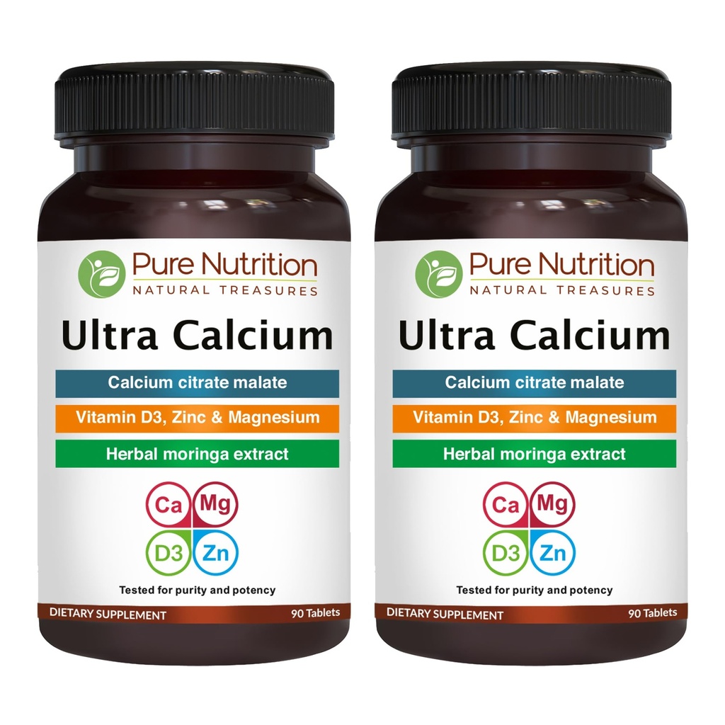 Pure Nutrition Ultra Calcium 1000mg with VIT D3 + K | 180 Tabs (90 X Pack of 2) | Calcium Supplement with Calcium Citrate Malate, VIT D3, K, Moringa Oleifera, Magnesium and Zinc.