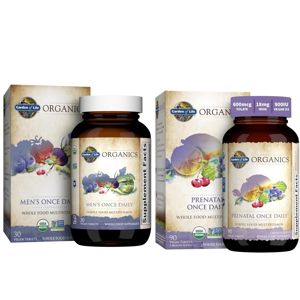 Garden of Life Organics Prenatal Vitamin: Folate for Energy & Healthy Fetal Development & Organics Multivitamin for Men - Men's Once Daily Whole Food Vitamin Supplement Tablets, Vegan, 30 Count