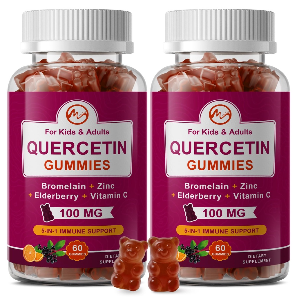 M inch (2 Pack) Quercetin Gummies with Bromelain, Elderberry, Zinc and Vitamin C - Chewable Quercetin 100mg Supplement for Immunity, Allergy, Aging Support - Vegan Gummies for Adult & Kid
