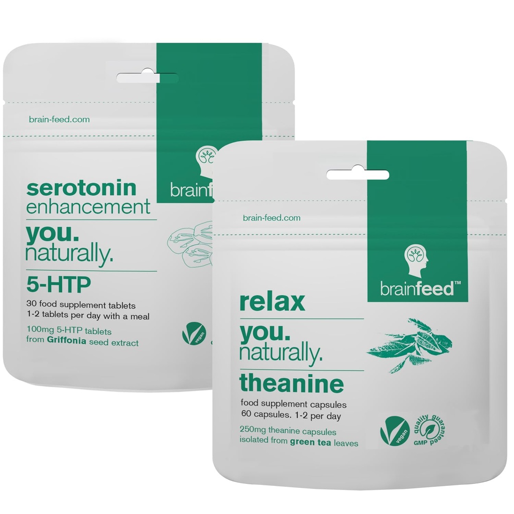 Serotonin Supplements & Natural l theanine | Serotonin Mood Support & Stress Relief Supplements | 5HTP 100mg + 250mg L theanine Capsules | 2 Month Supply | Vegan